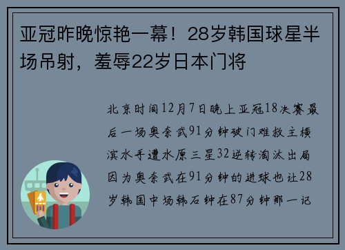 亚冠昨晚惊艳一幕！28岁韩国球星半场吊射，羞辱22岁日本门将