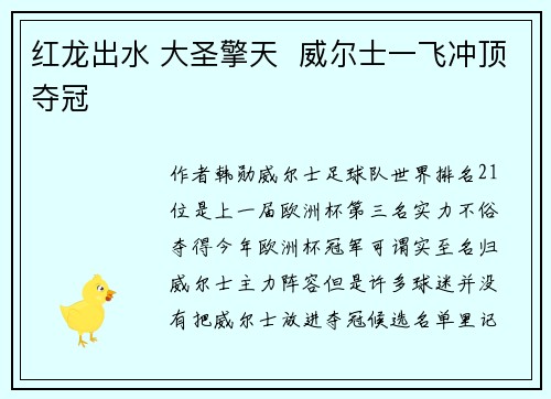 红龙出水 大圣擎天  威尔士一飞冲顶夺冠