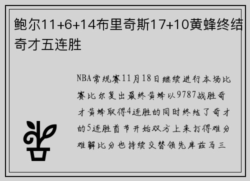 鲍尔11+6+14布里奇斯17+10黄蜂终结奇才五连胜
